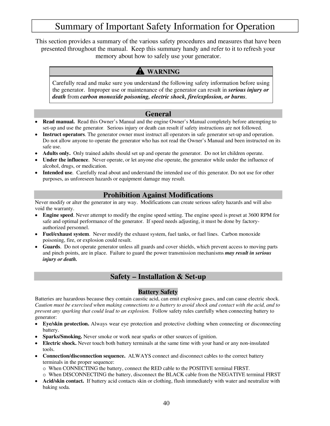 North Star M165938N Summary of Important Safety Information for Operation, General, Prohibition Against Modifications 