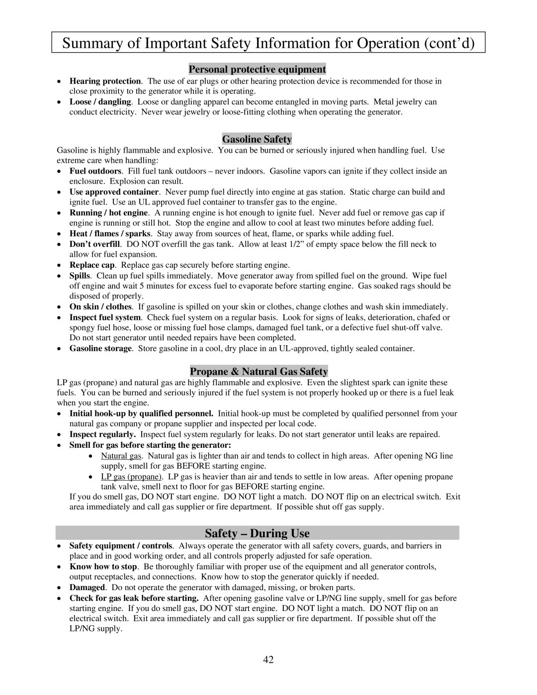 North Star M165938N Safety During Use, Personal protective equipment, Gasoline Safety, Propane & Natural Gas Safety 