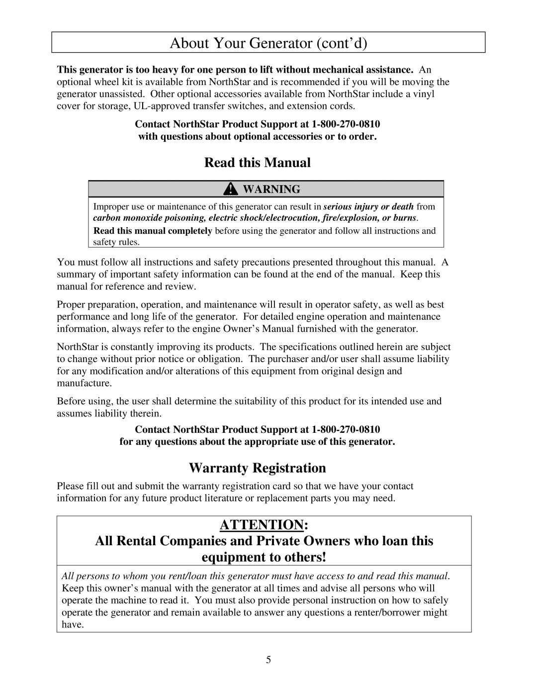 North Star M165938N owner manual About Your Generator cont’d, Read this Manual 