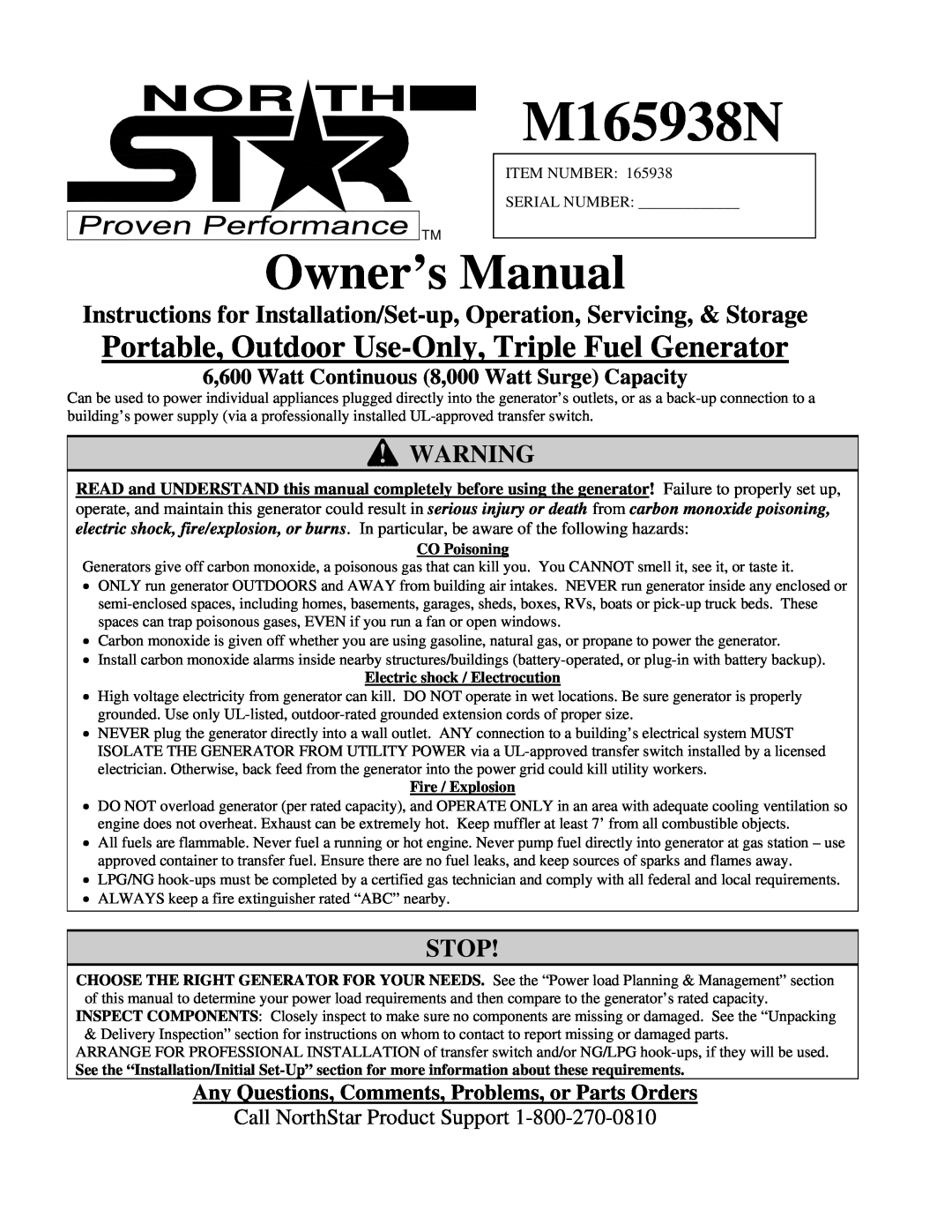 North Star M165938N owner manual Instructions for Installation/Set-up, Operation, Servicing, & Storage, Stop, CO Poisoning 