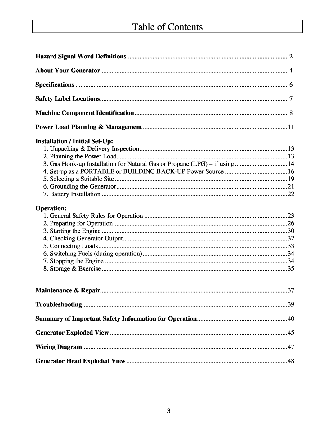 North Star M165938N owner manual Table of Contents, Installation / Initial Set-Up, Operation 