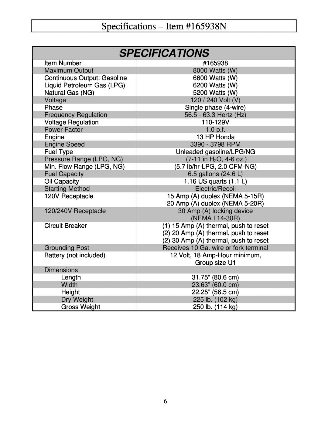 North Star M165938N owner manual Specifications - Item #165938N 