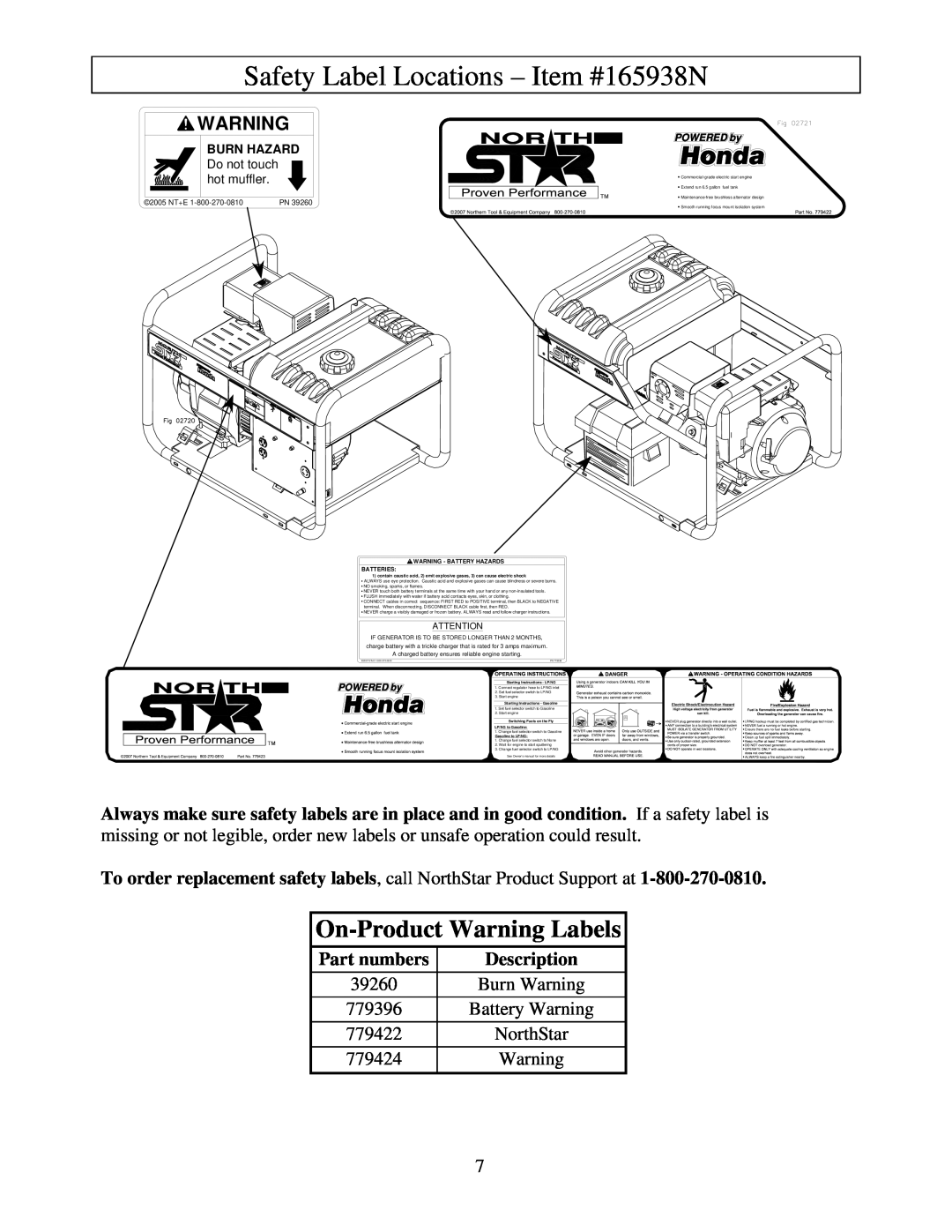 North Star M165938N Safety Label Locations - Item #165938N, On-Product Warning Labels, Part numbers, Description 