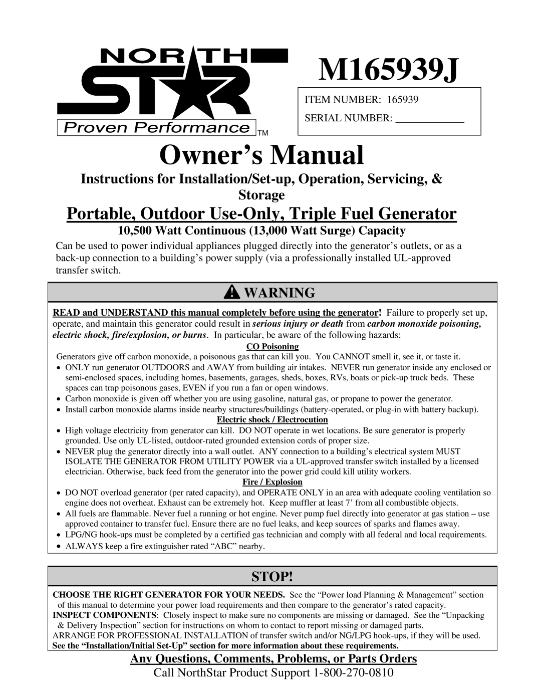 North Star M165939J owner manual 