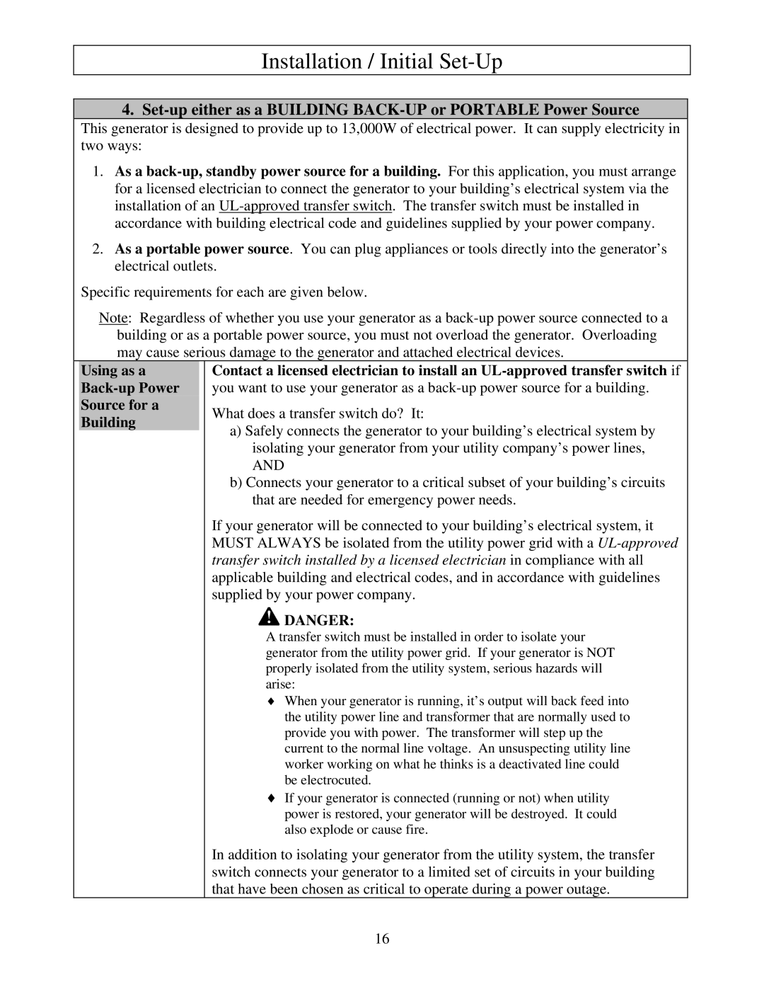 North Star M165939J owner manual Set-up either as a Building BACK-UP or Portable Power Source 