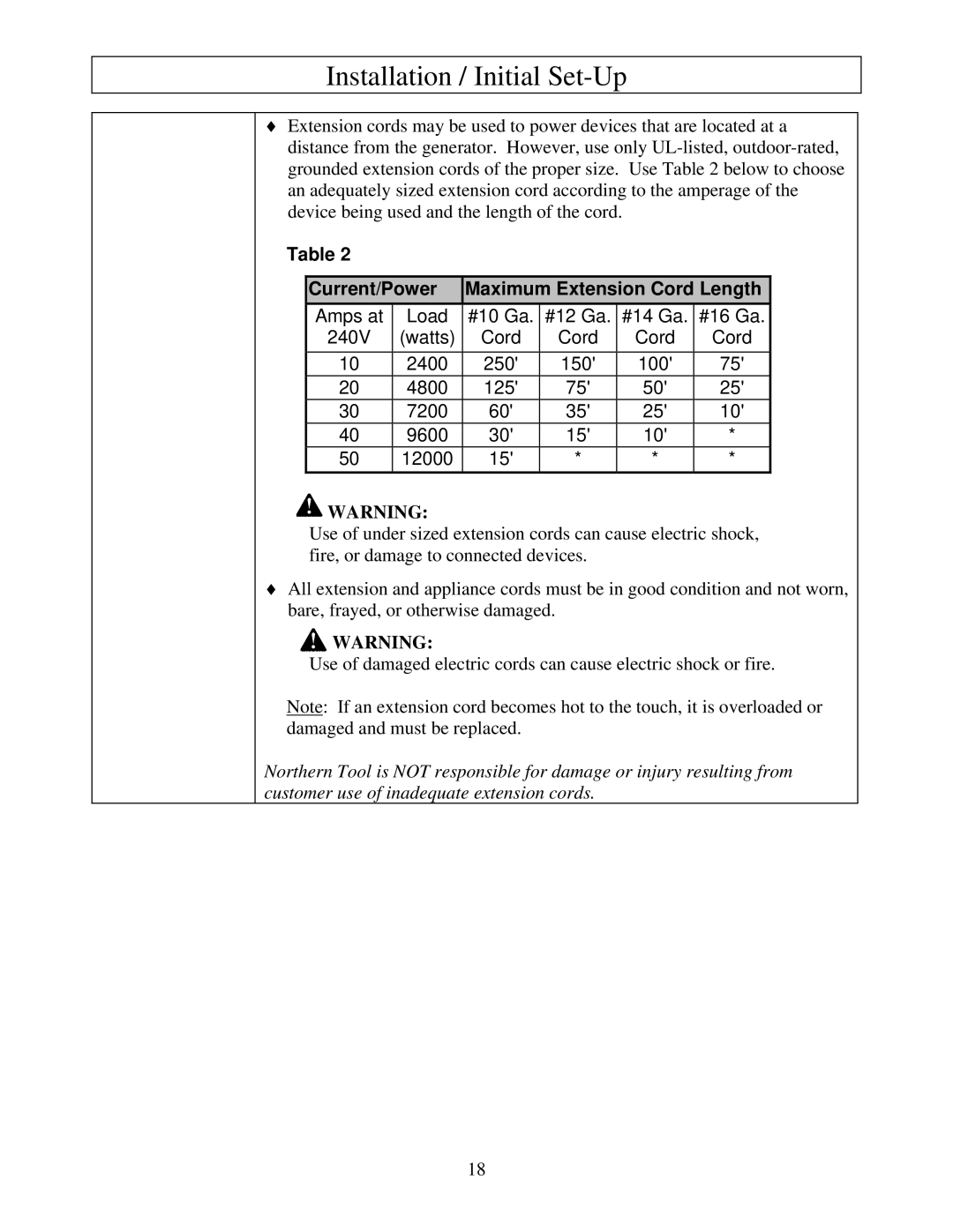 North Star M165939J owner manual Current/Power Maximum Extension Cord Length 