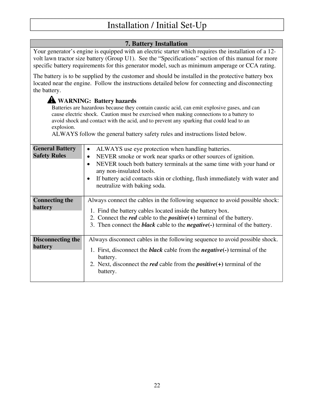 North Star M165939J owner manual Battery Installation 