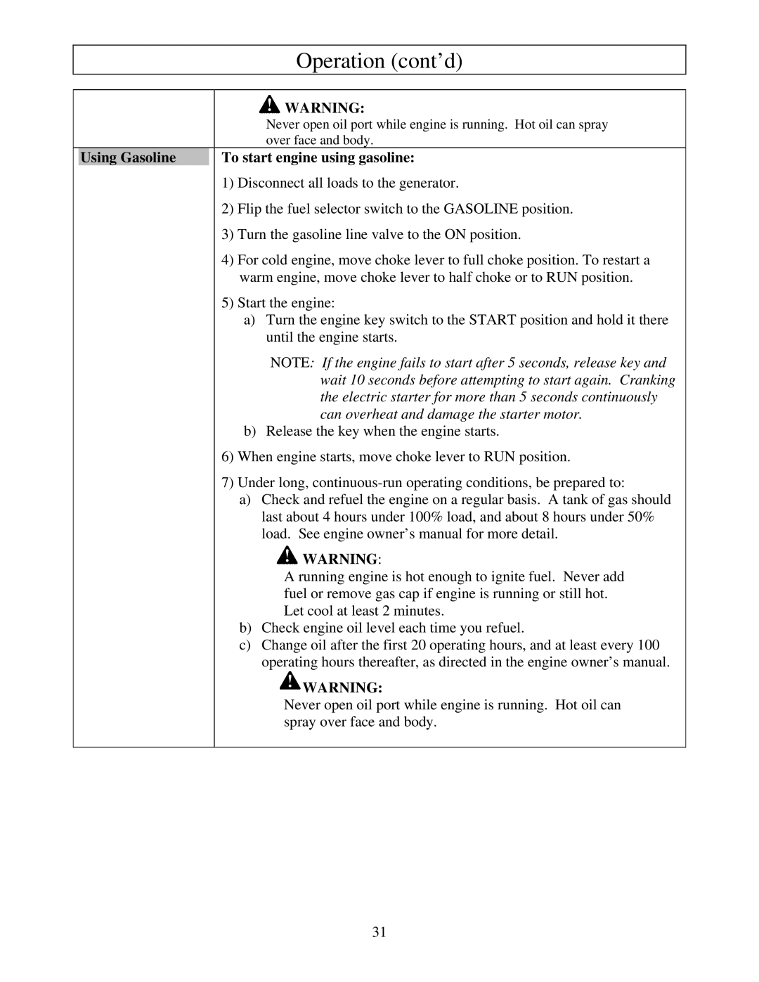 North Star M165939J owner manual Using Gasoline, To start engine using gasoline 