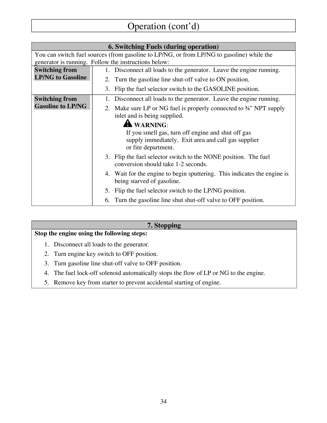 North Star M165939J owner manual Switching Fuels during operation, Stopping, Stop the engine using the following steps 