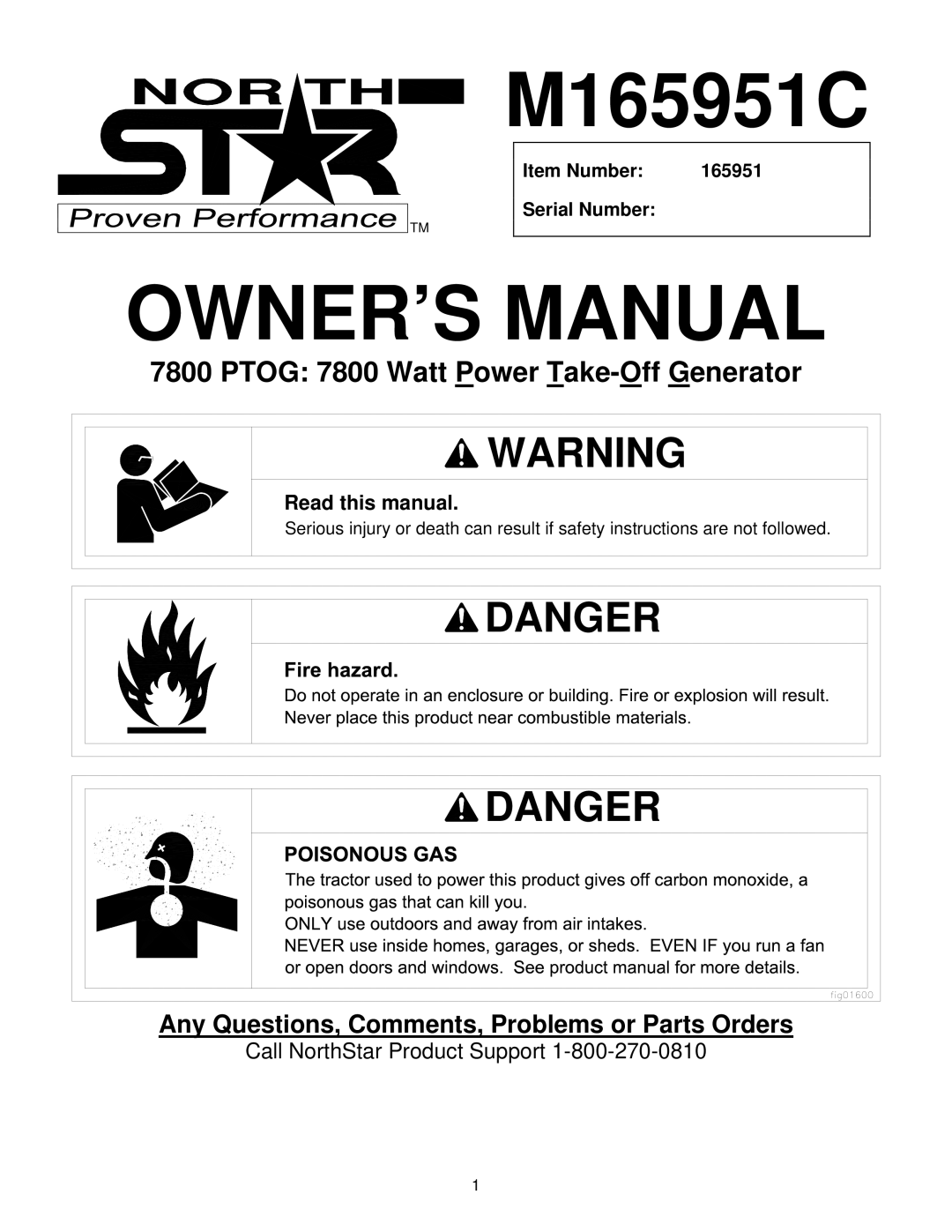 North Star M165951C owner manual Item Number 165951 Serial Number 