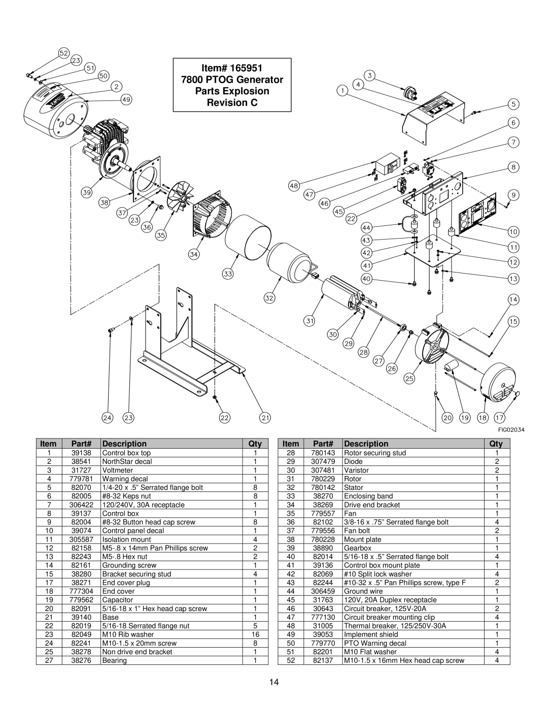 North Star M165951C owner manual Item# Ptog Generator Parts Explosion Revision C 