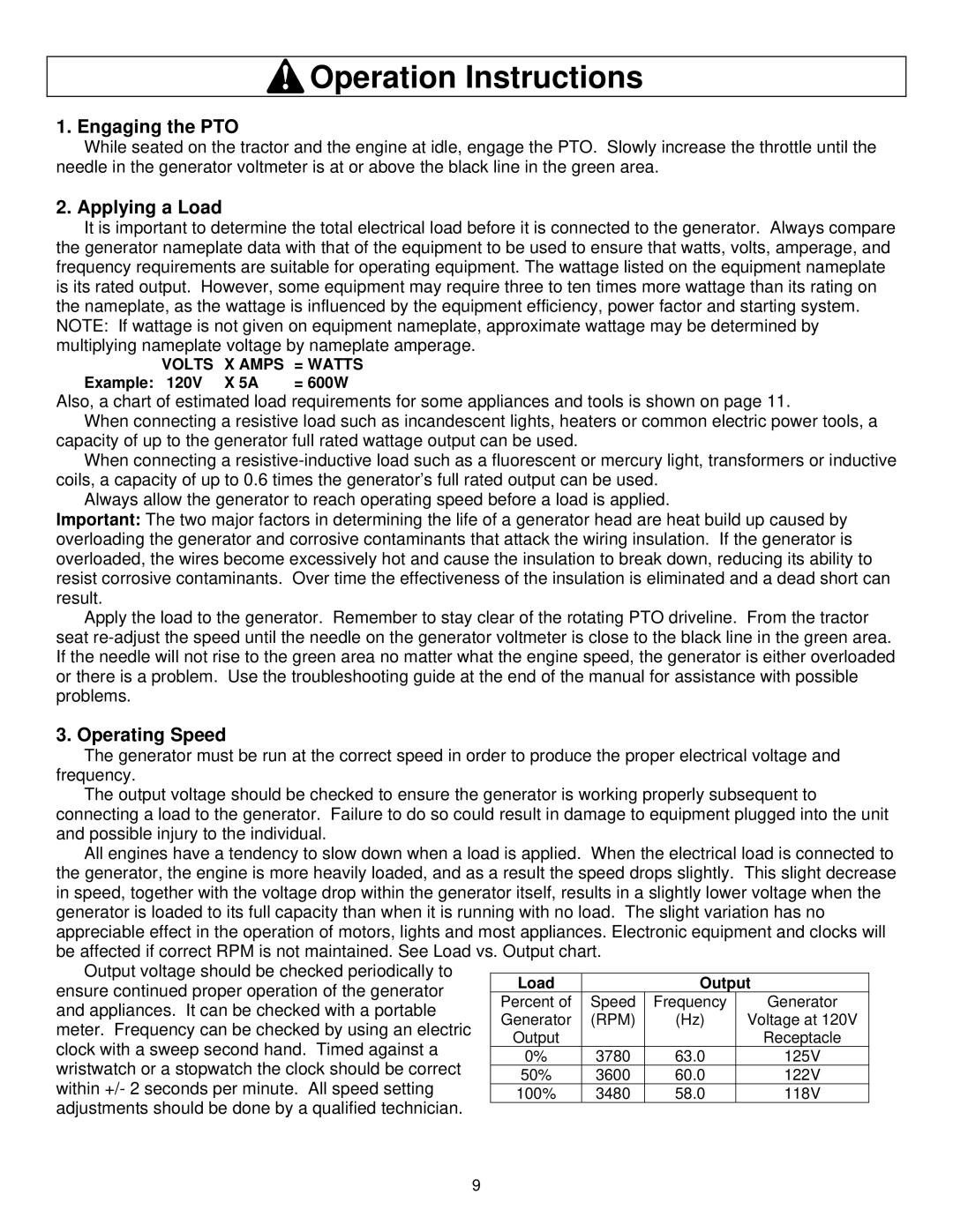 North Star M165951C owner manual Operation Instructions, Engaging the PTO, Applying a Load, Operating Speed 