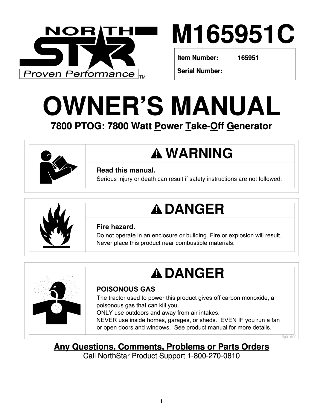 North Star M165951C owner manual Owner’S Manual, Danger, PTOG 7800 Watt Power Take-Off Generator, Read this manual 