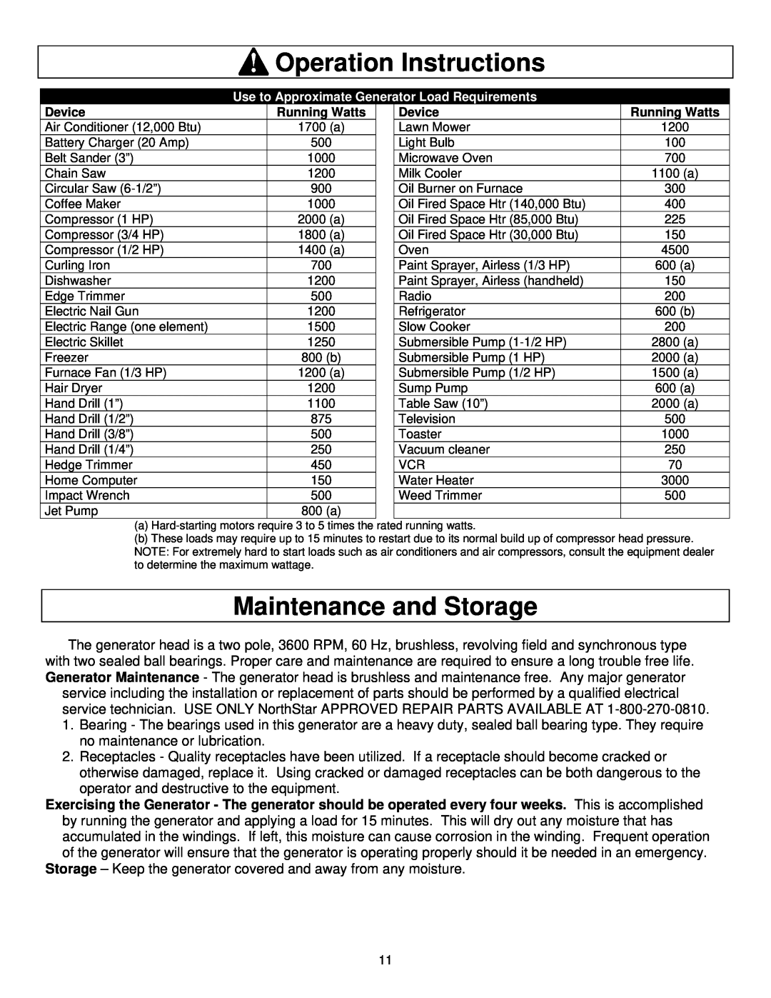 North Star M165951C owner manual Maintenance and Storage, Operation Instructions 