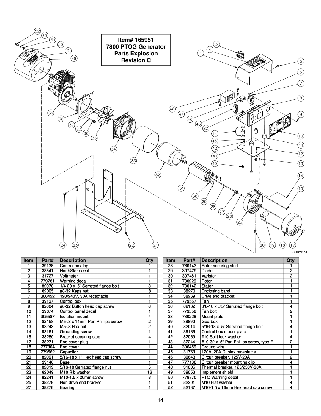 North Star M165951C owner manual Item# 7800 PTOG Generator Parts Explosion Revision C, Part#, Description 