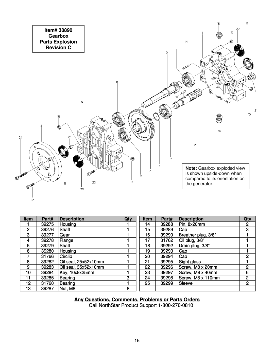 North Star M165951C Item# Gearbox Parts Explosion Revision C, Any Questions, Comments, Problems or Parts Orders, Part# 