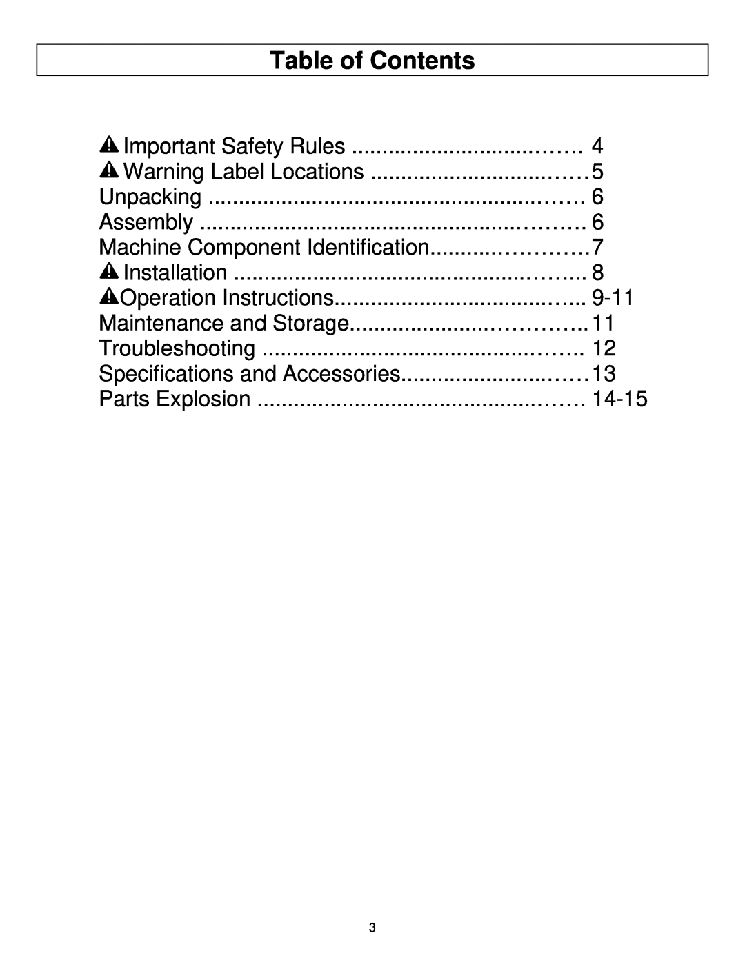 North Star M165951C owner manual Table of Contents 