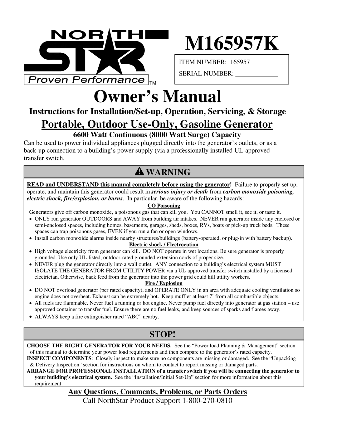 North Star M165957K owner manual Watt Continuous 8000 Watt Surge Capacity 