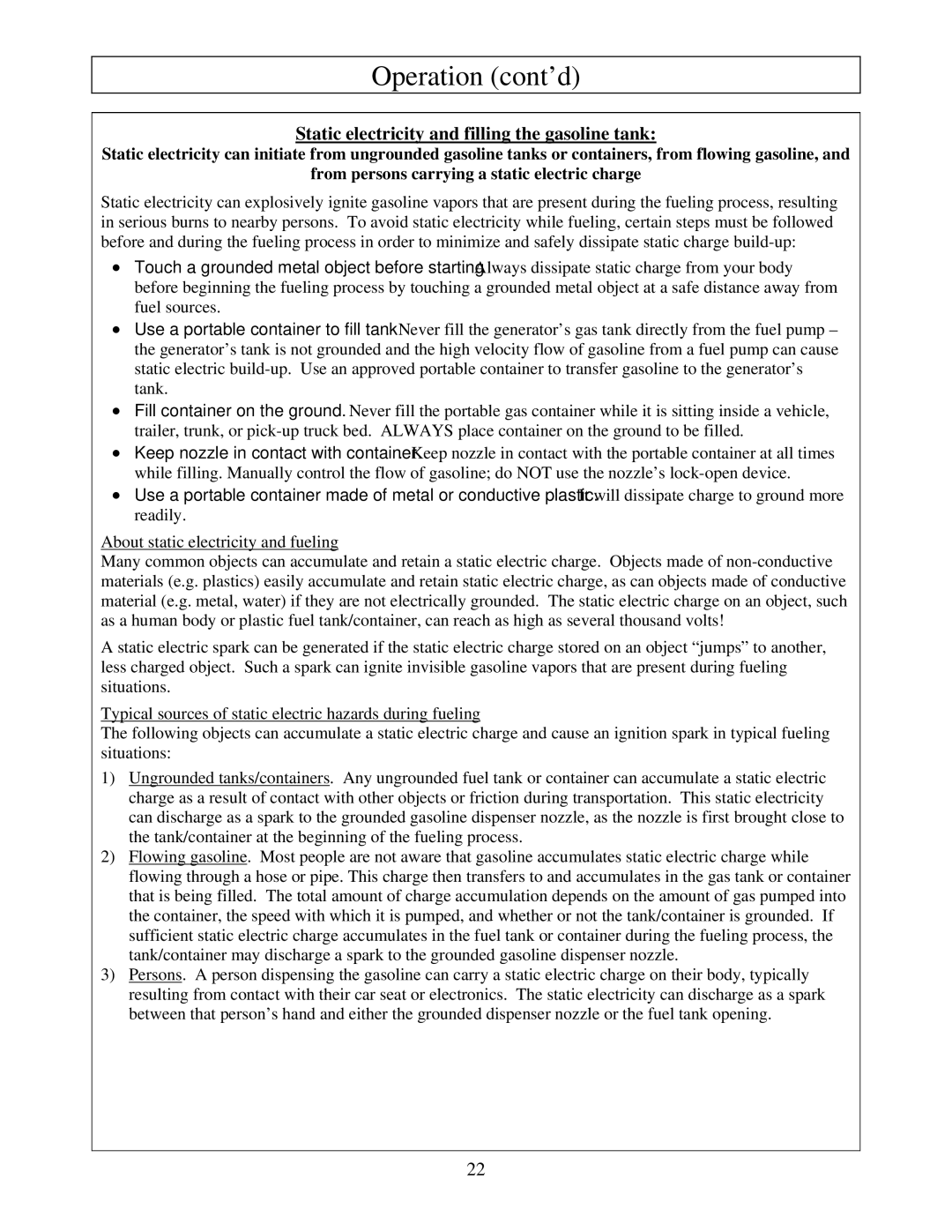 North Star M165957K owner manual Static electricity and filling the gasoline tank 