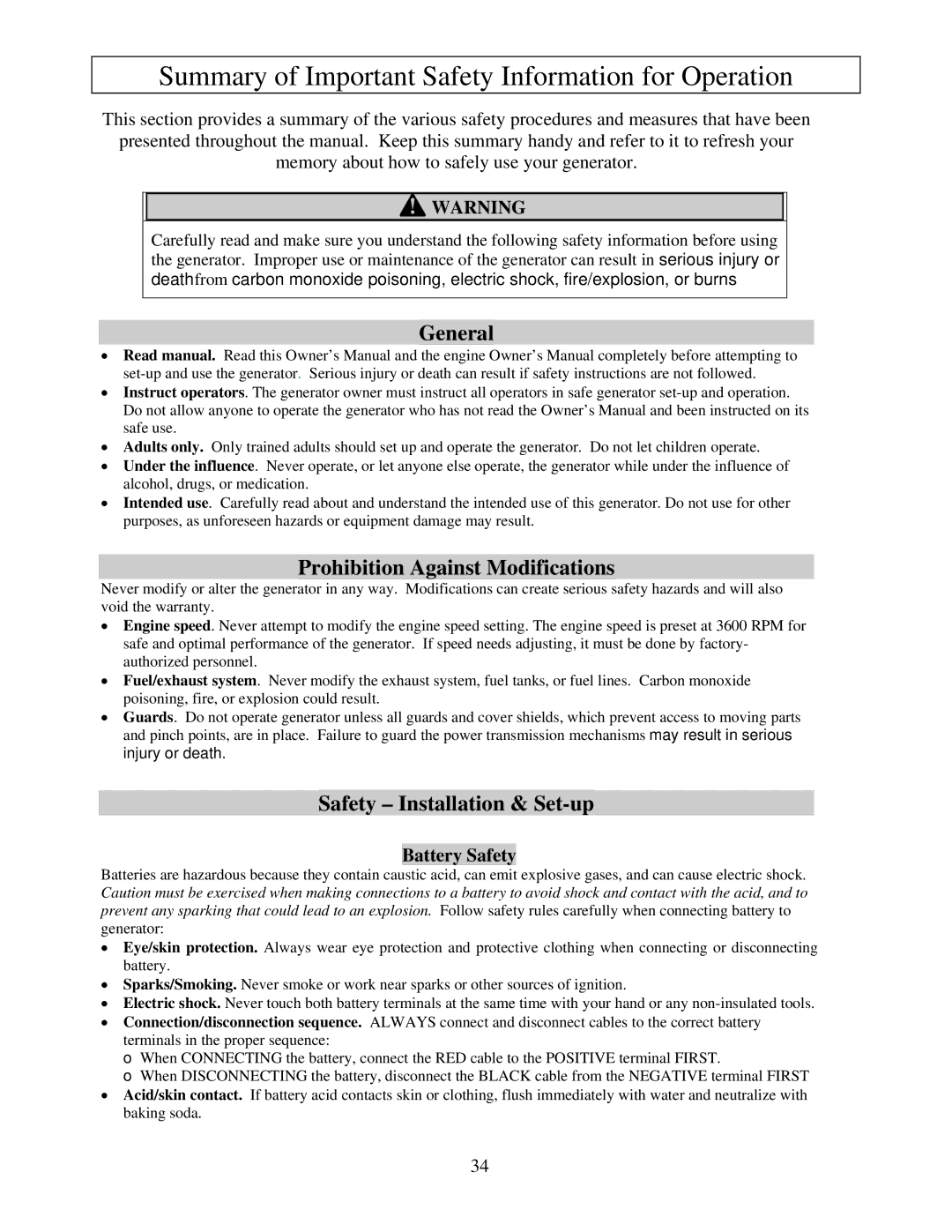 North Star M165957K Summary of Important Safety Information for Operation, General, Prohibition Against Modifications 