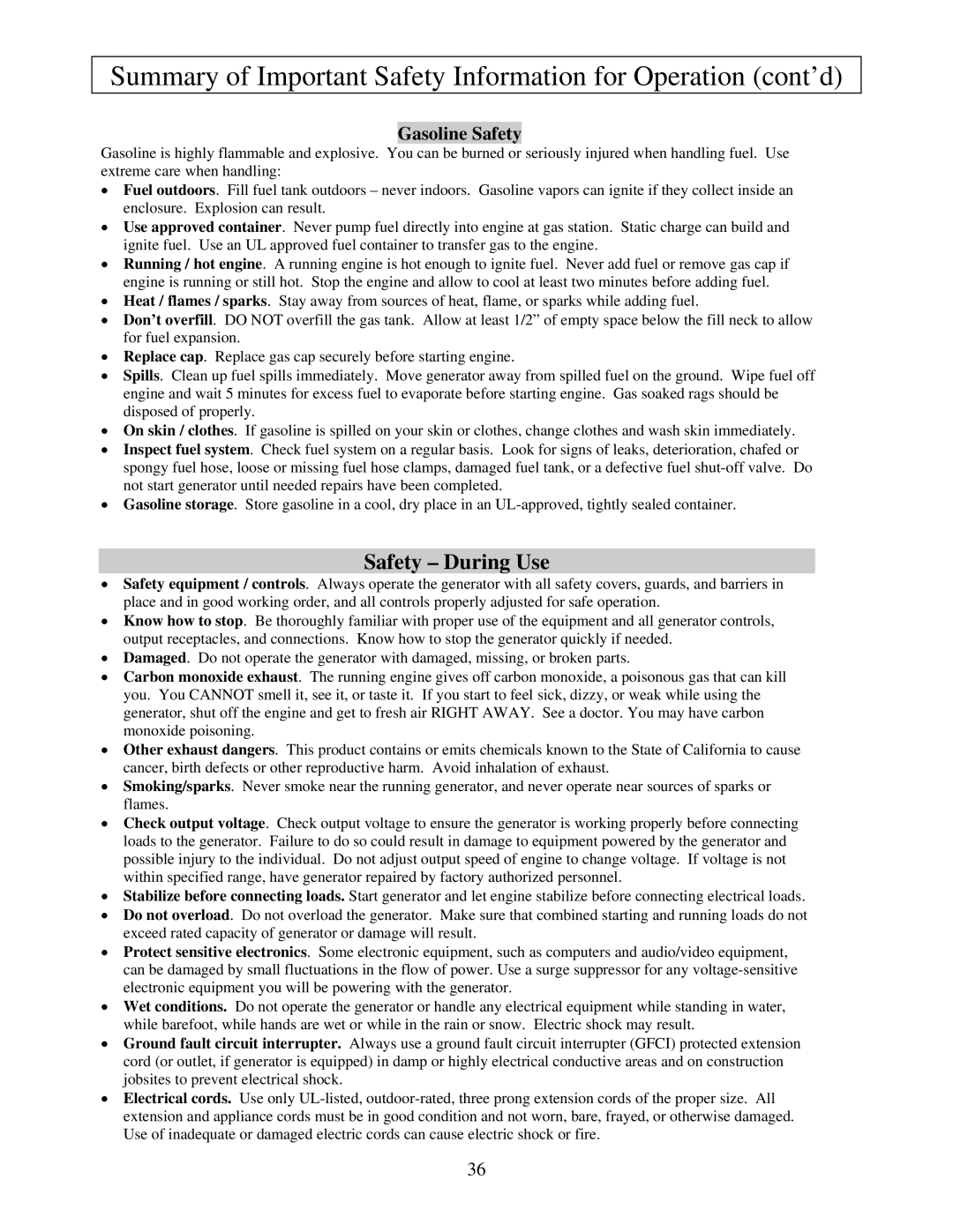 North Star M165957K owner manual Safety During Use, Gasoline Safety 