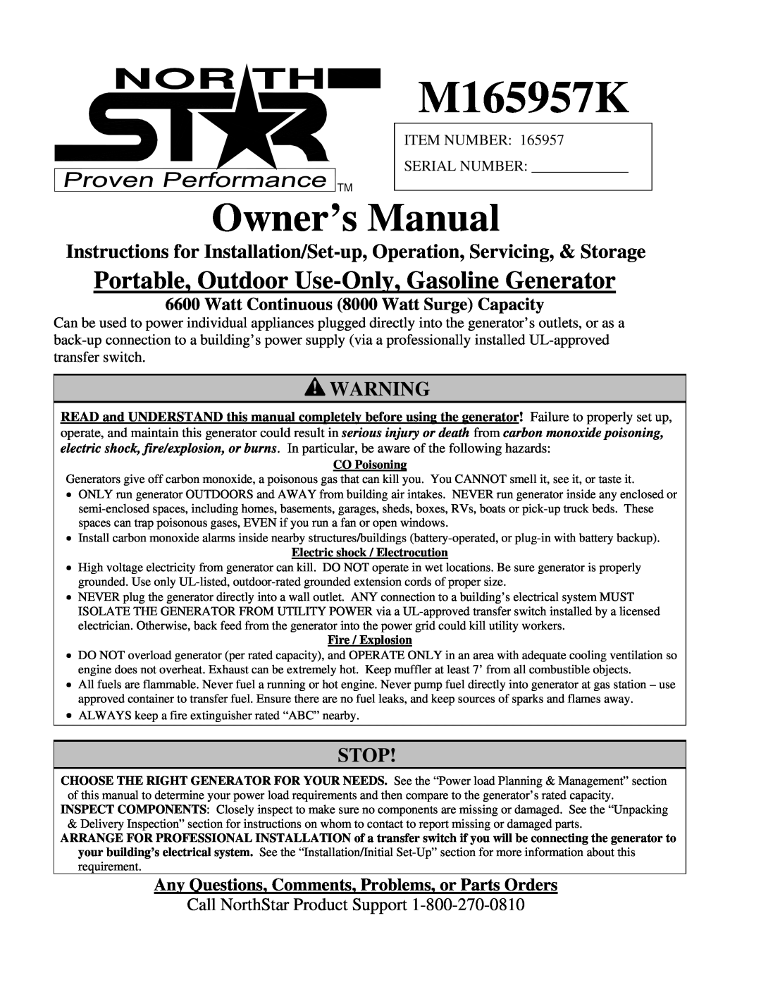 North Star M165957K owner manual Instructions for Installation/Set-up, Operation, Servicing, & Storage, Stop, CO Poisoning 
