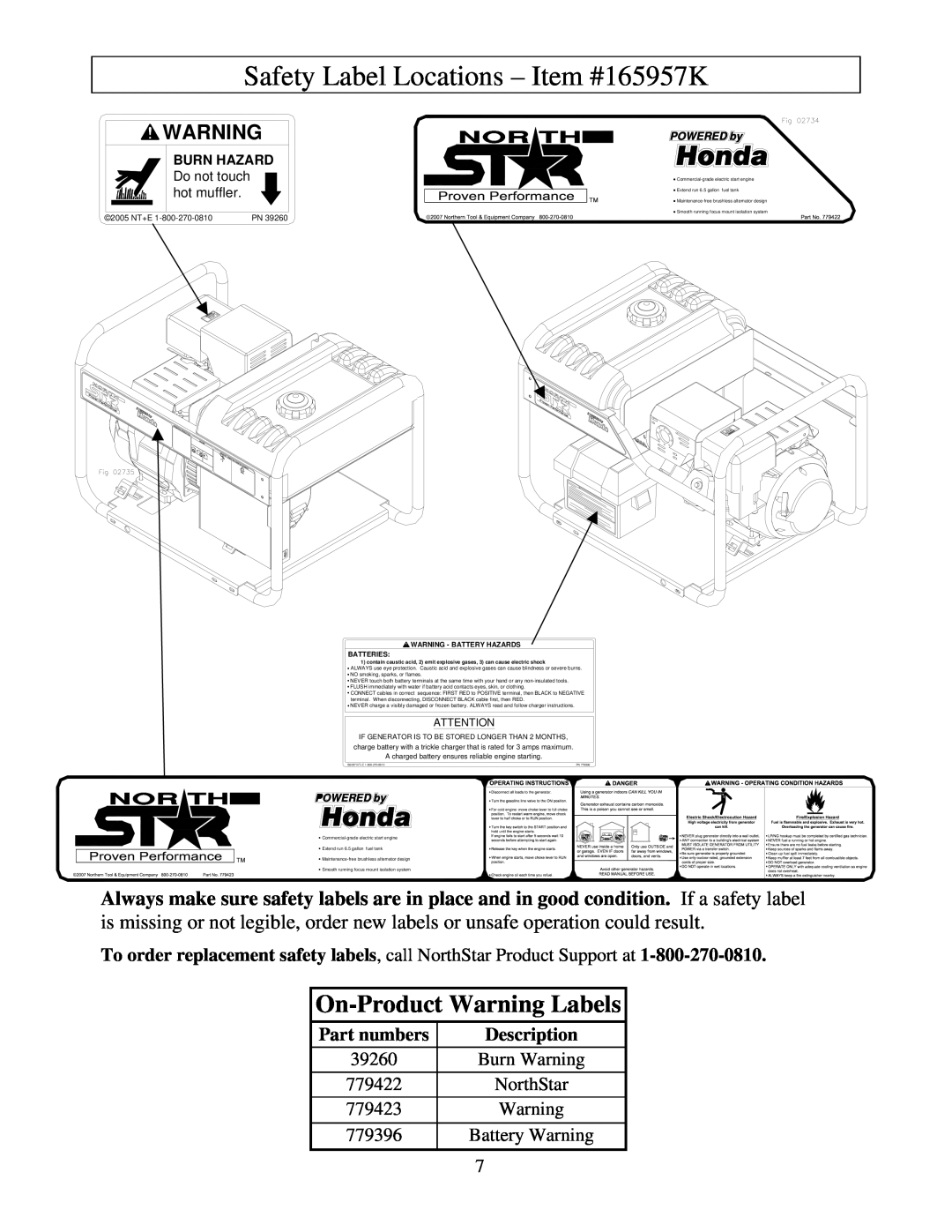 North Star M165957K Safety Label Locations - Item #165957K, On-Product Warning Labels, Part numbers, Description 
