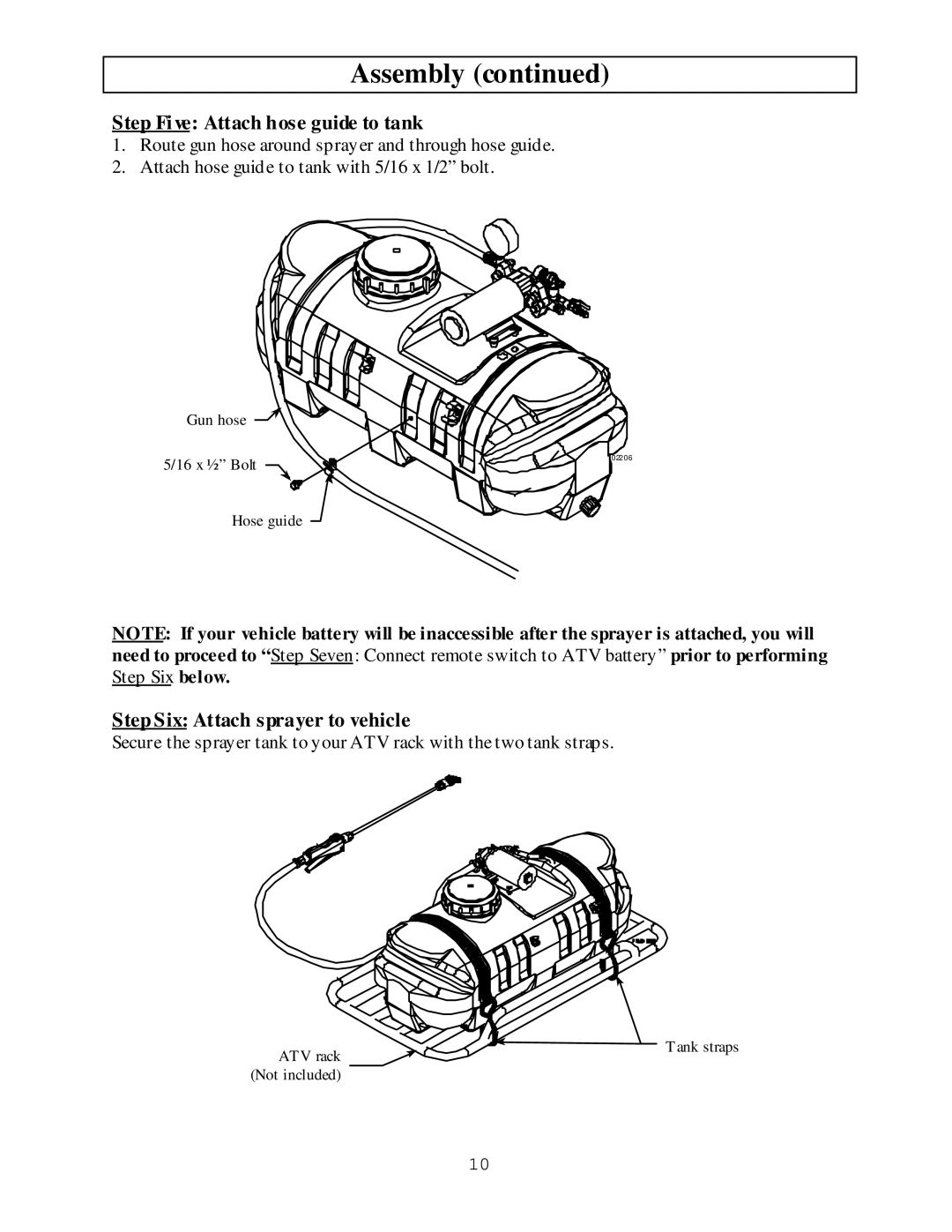 North Star M268180M owner manual Step Five Attach hose guide to tank, Step Six Attach sprayer to vehicle 