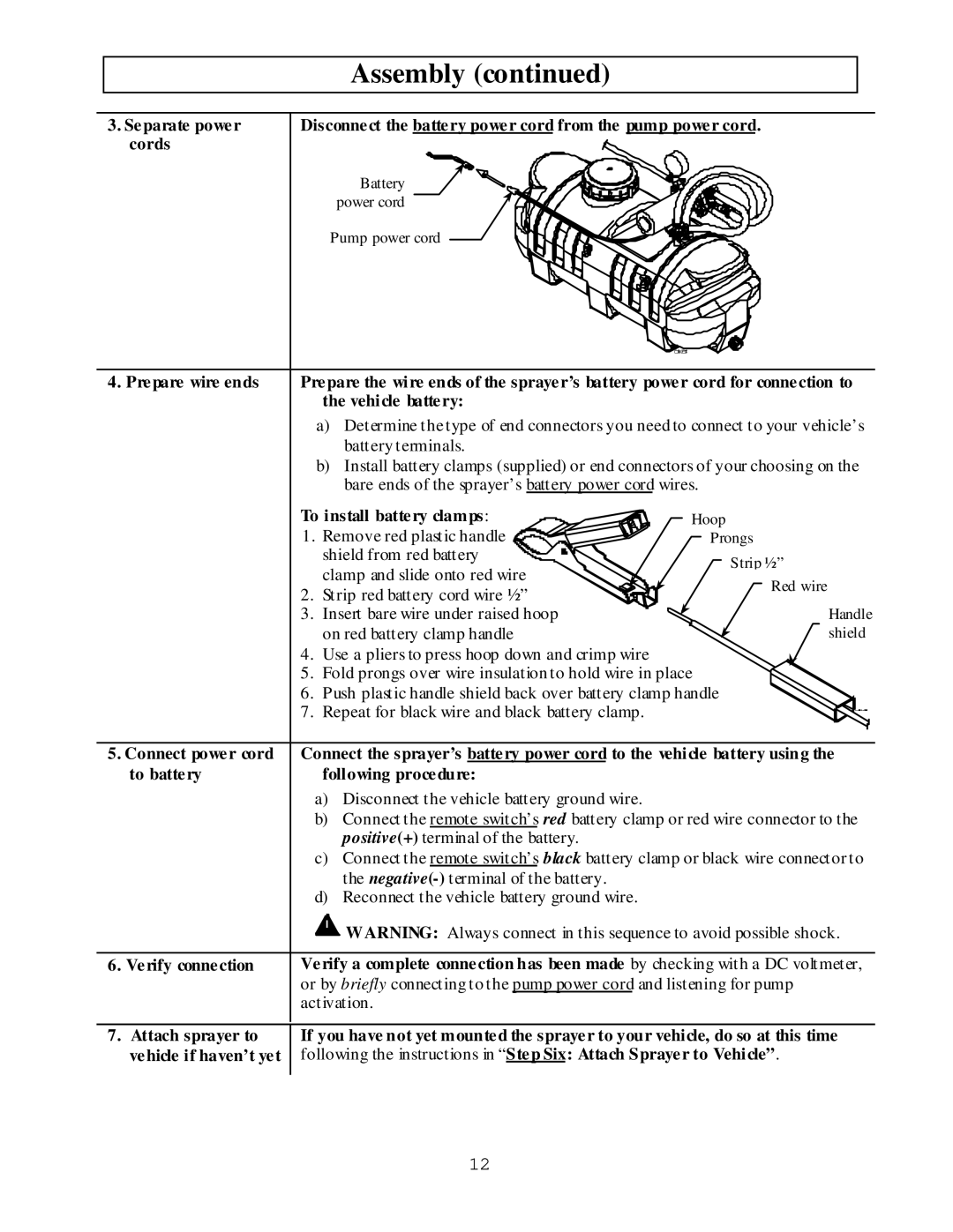 North Star M268180M owner manual Separate power, Cords, Prepare wire ends, Vehicle battery, To install battery clamps 