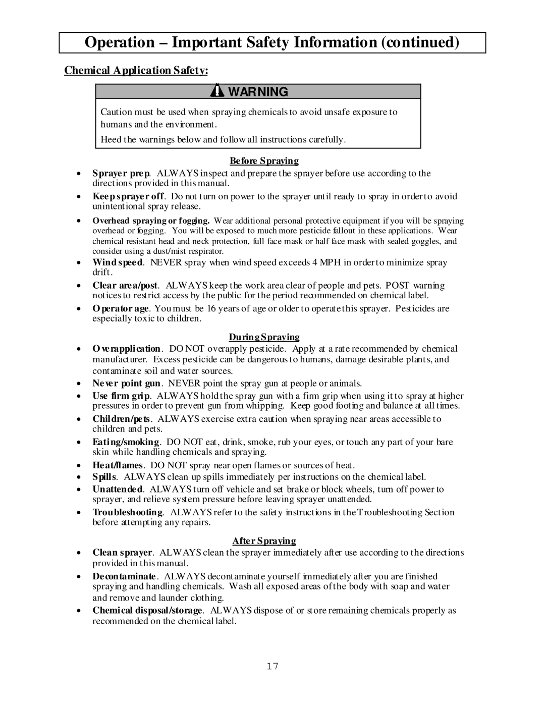 North Star M268180M owner manual Chemical Application Safety, Before Spraying, During Spraying, After Spraying 