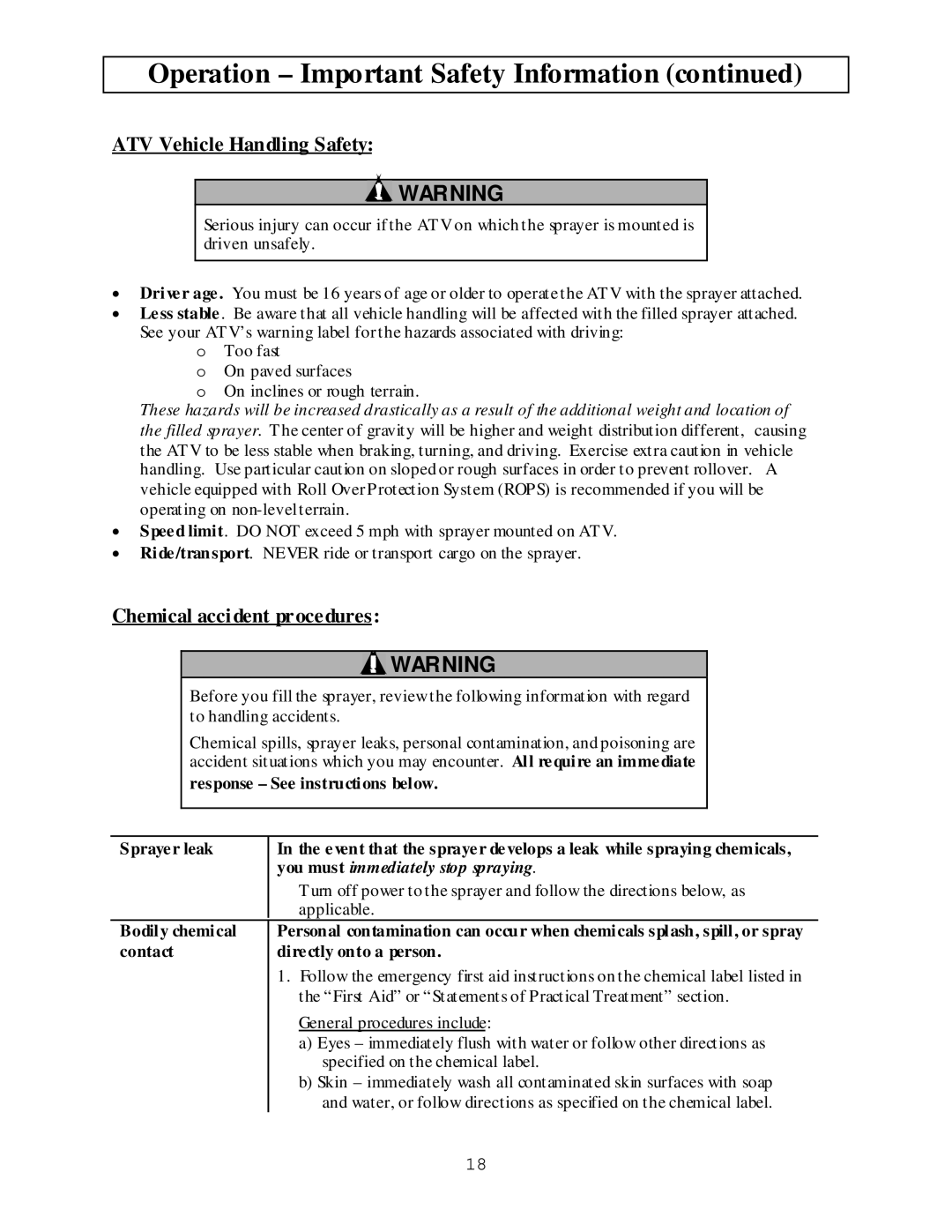 North Star M268180M owner manual ATV Vehicle Handling Safety, Chemical accident procedures 