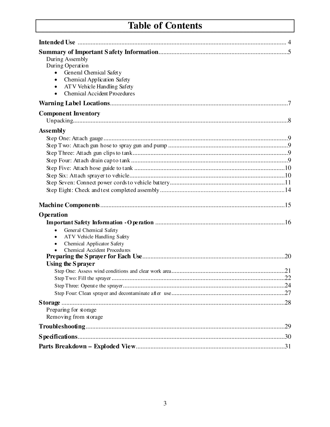 North Star M268180M owner manual Table of Contents 