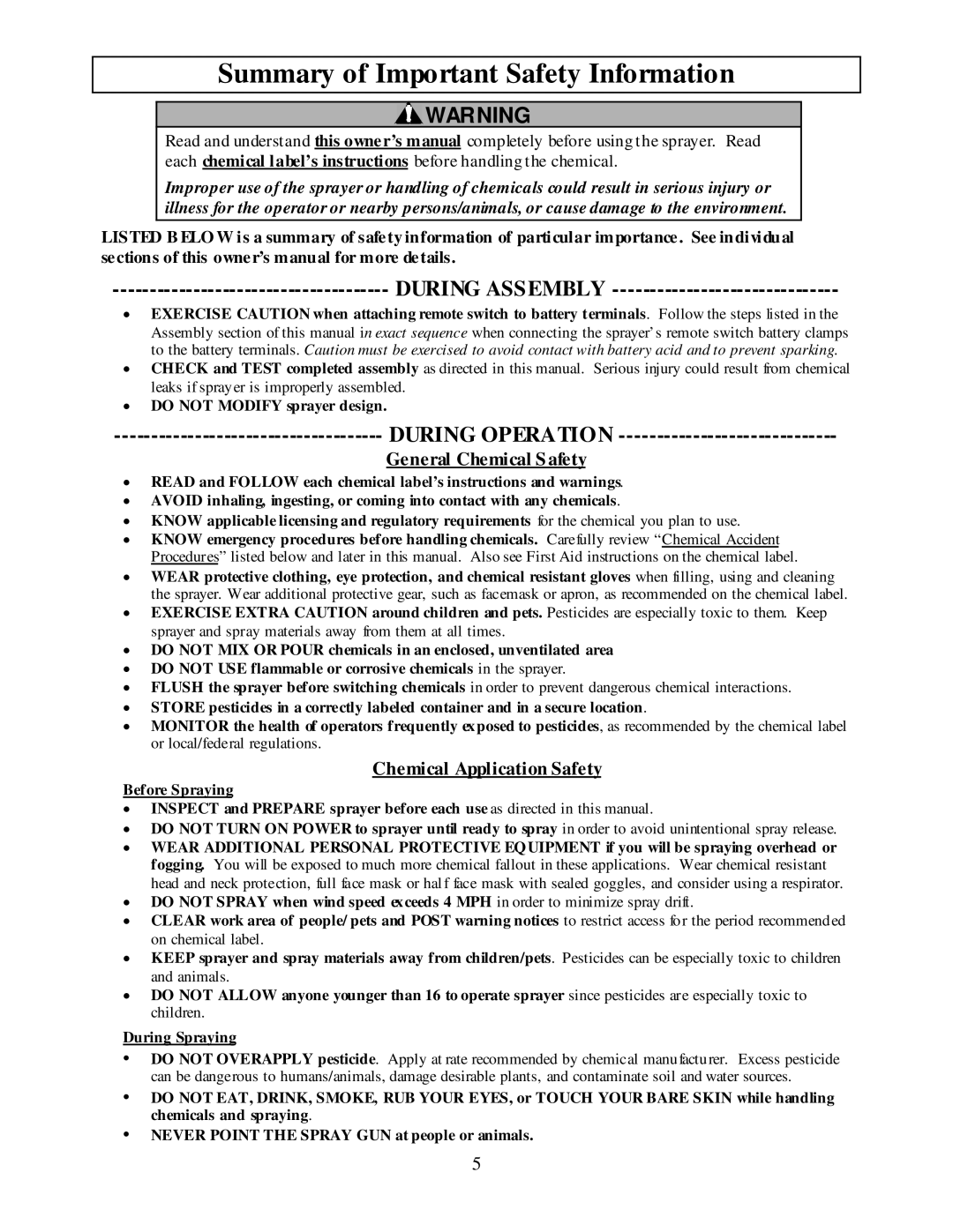 North Star M268180M Summary of Important Safety Information, General Chemical Safety, Chemical Application Safety 