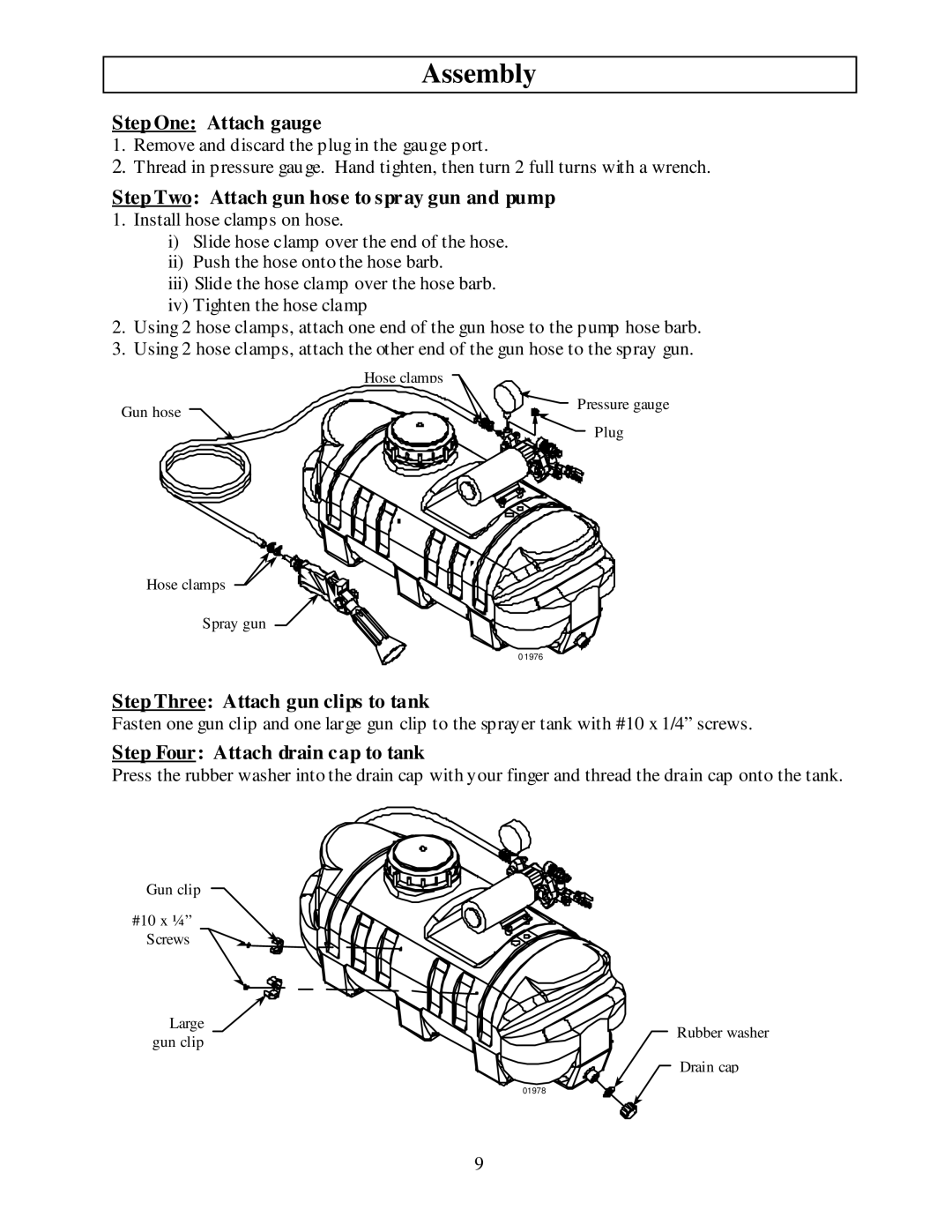 North Star M268180M owner manual Assembly, Step One Attach gauge, Step Two Attach gun hose to spray gun and pump 