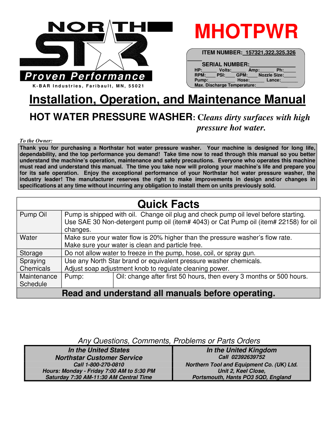 North Star MHOTPWR specifications Mhotpwr, Item Number 157321,322,325,326 