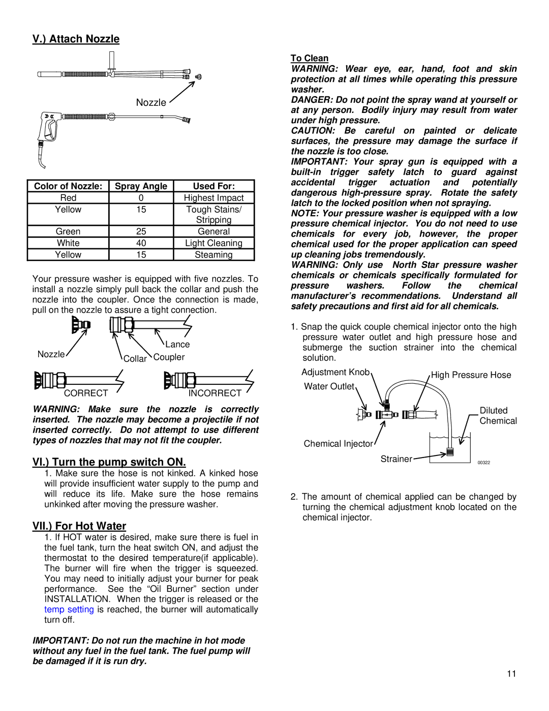 North Star MHOTPWR specifications Attach Nozzle, VI. Turn the pump switch on, VII. For Hot Water 