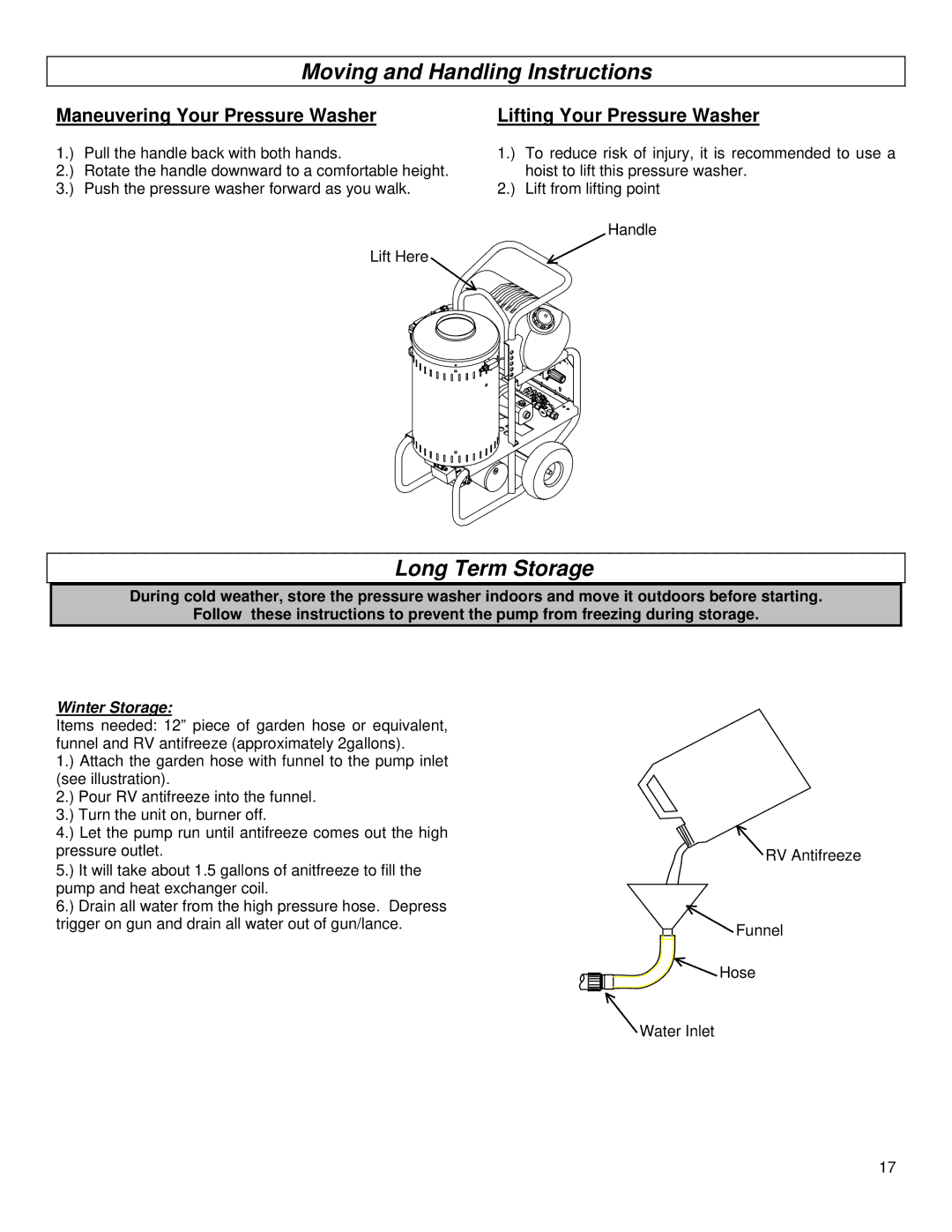 North Star MHOTPWR specifications Moving and Handling Instructions, Long Term Storage, Maneuvering Your Pressure Washer 