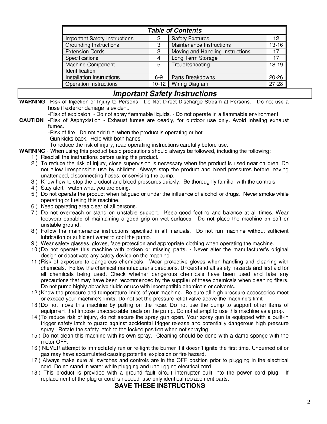 North Star MHOTPWR specifications Important Safety Instructions, Table of Contents 