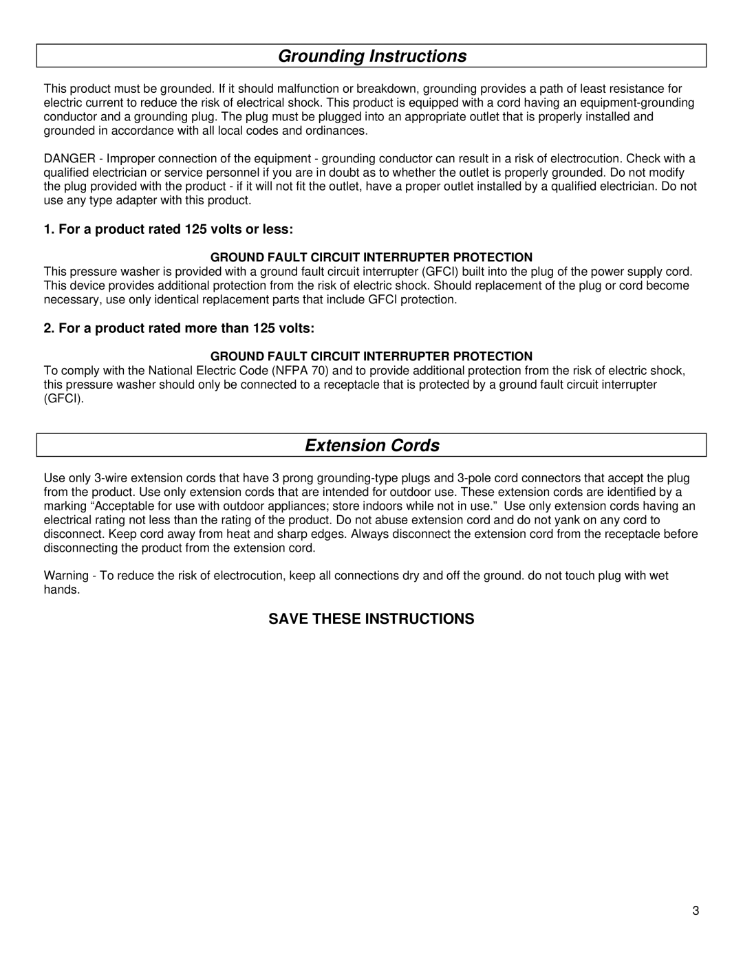 North Star MHOTPWR specifications Grounding Instructions, Extension Cords 