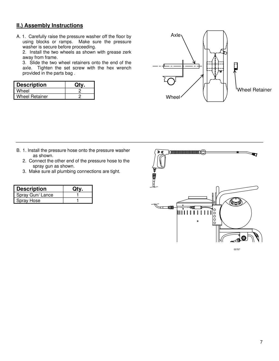 North Star MHOTPWR specifications II. Assembly Instructions, Description Qty, Axle, Wheel Retainer 