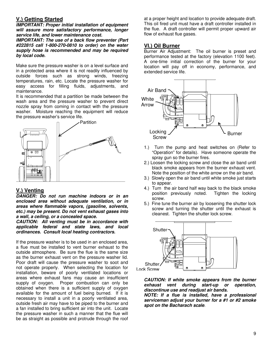 North Star MHOTPWR specifications Getting Started, Venting, VI. Oil Burner, Air Band White Arrow Locking Burner Screw 