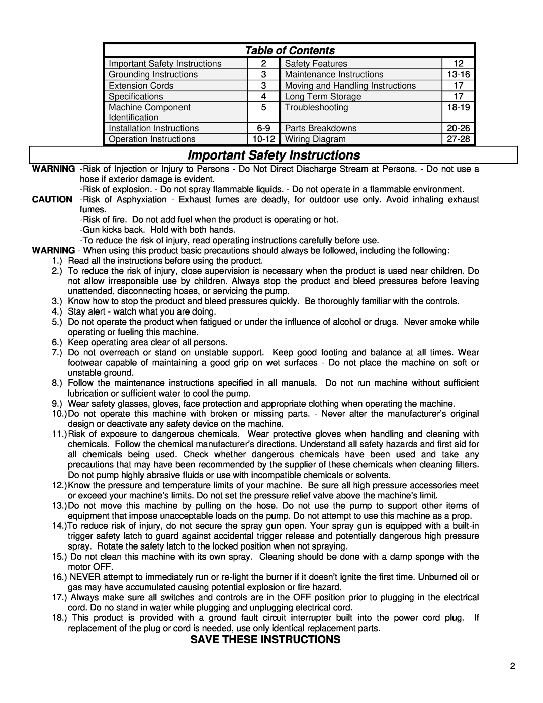 North Star MHOTPWR specifications Important Safety Instructions, Save These Instructions, Table of Contents 