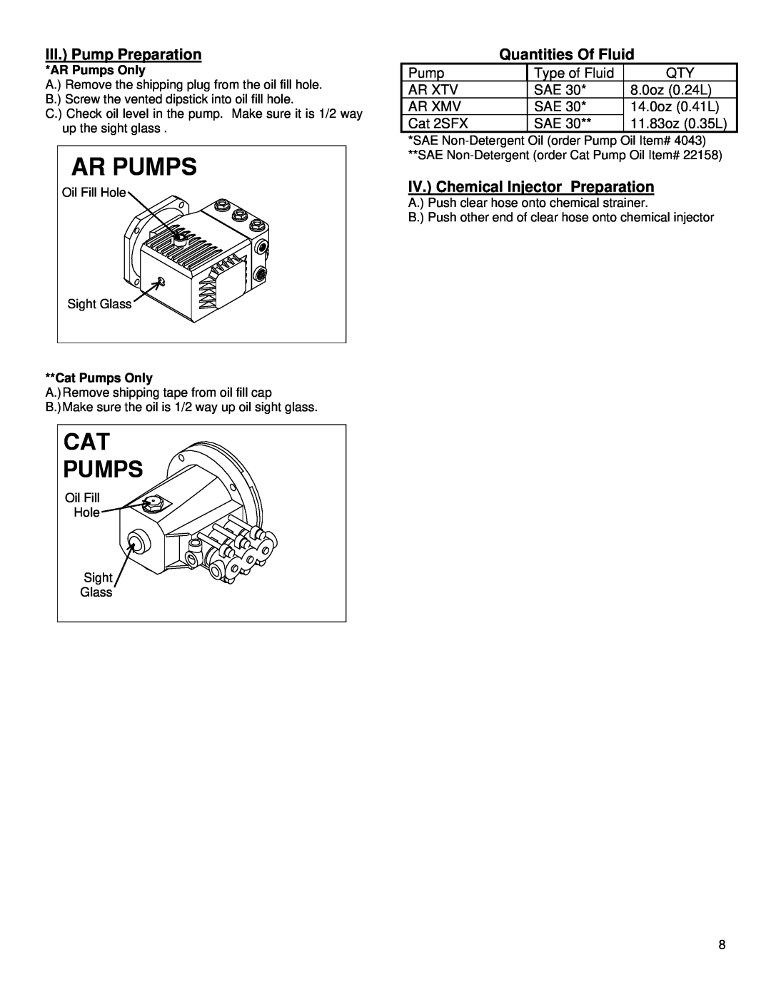 North Star MHOTPWR III. Pump Preparation, Quantities Of Fluid, IV. Chemical Injector Preparation, Ar Pumps, Cat Pumps 
