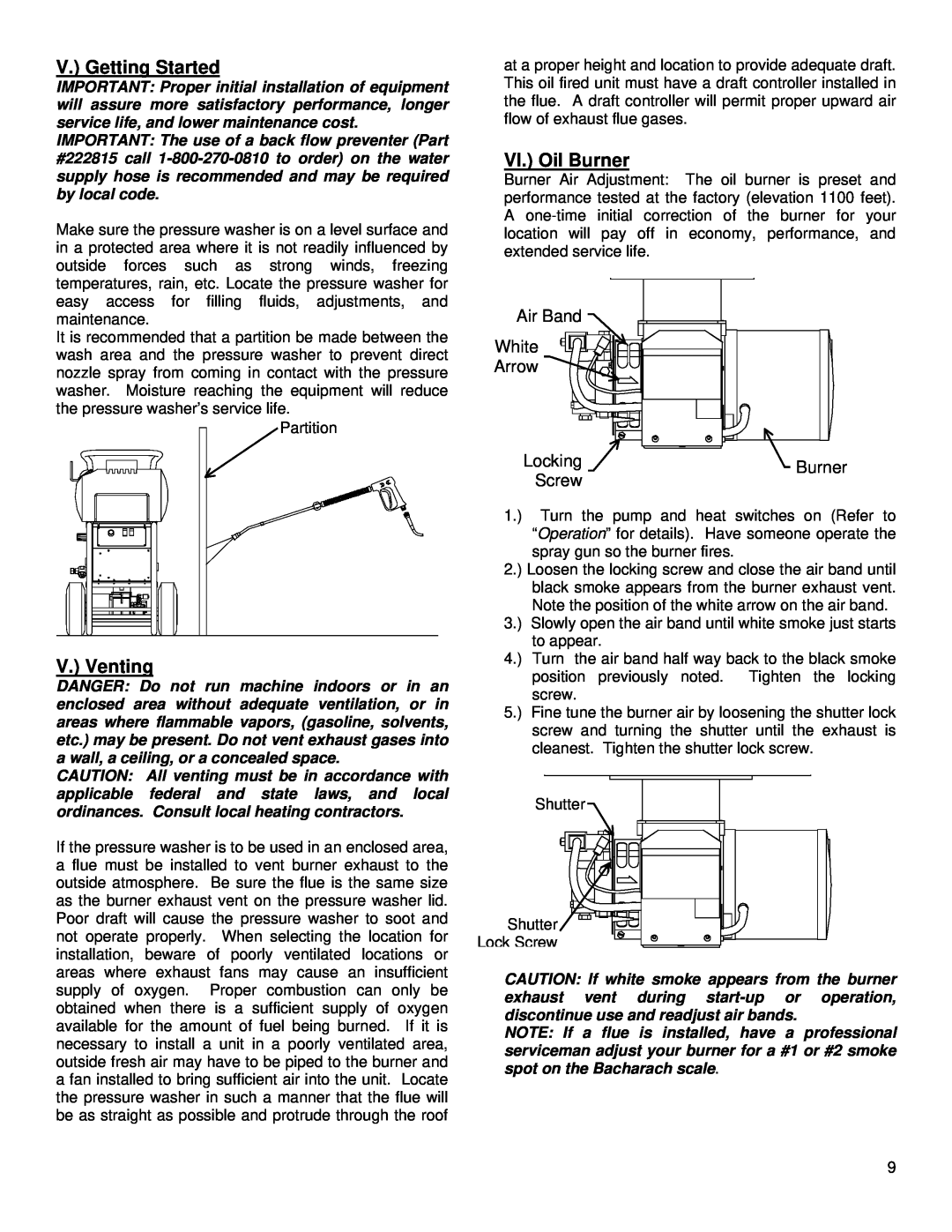 North Star MHOTPWR specifications V. Getting Started, V. Venting, VI. Oil Burner, Air Band White Arrow, Locking, Screw 