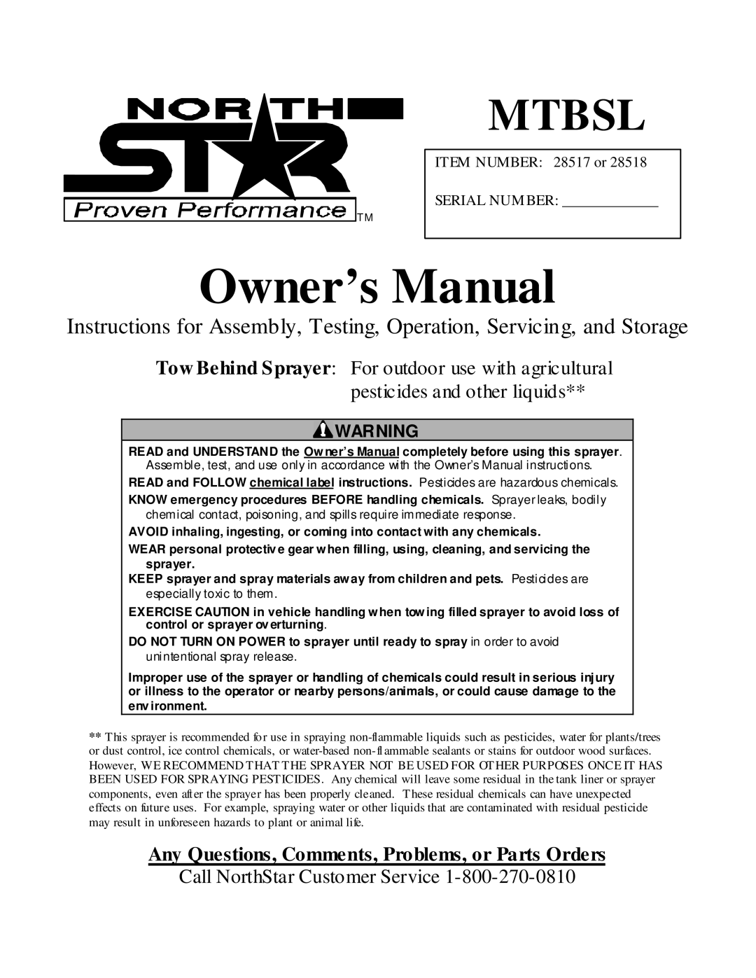 North Star MTBSL owner manual Mtbsl 