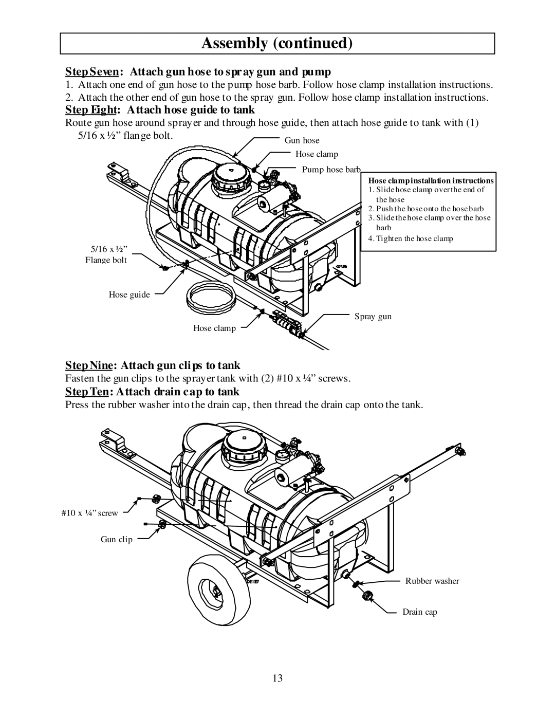 North Star MTBSL owner manual Step Seven Attach gun hose to spray gun and pump, Step Eight Attach hose guide to tank 