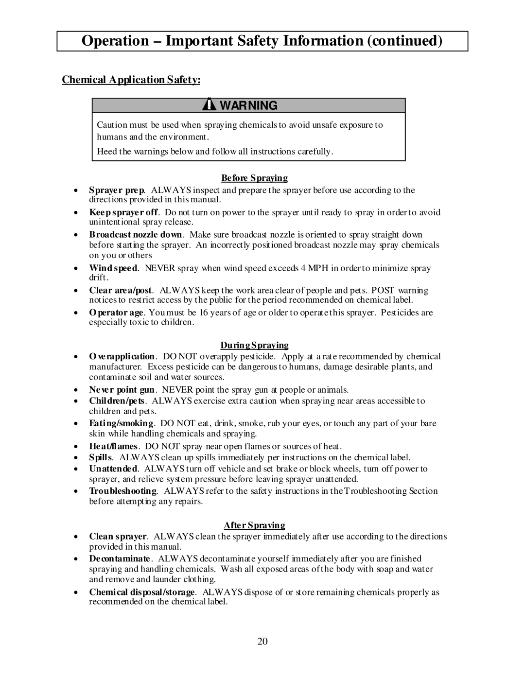 North Star MTBSL owner manual Chemical Application Safety, Before Spraying, During Spraying, After Spraying 