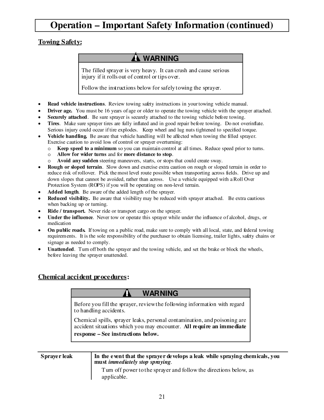 North Star MTBSL owner manual Towing Safety, Chemical accident procedures 