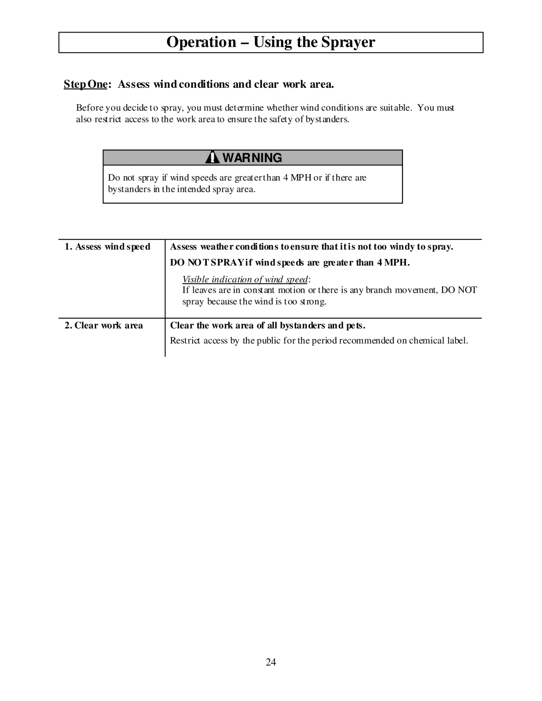 North Star MTBSL owner manual Operation Using the Sprayer, Step One Assess wind conditions and clear work area 