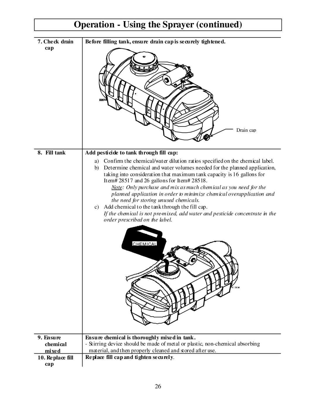 North Star MTBSL owner manual Check drain, Fill tank 